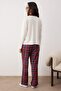 Ekru %100 Pamuklu Ekoseli Kedi Baskılı Örme Pijama Takımı THMAW26PT00153 - 4