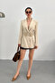Women's Stylish Double-Breasted Lapel Padded Shoulders Gold Belt Detail Blazer Jacket - 2