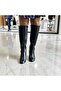 Black Leather Crocodile Print Below the Knee Internal Zipper Women's Thick Heeled Boots - 3