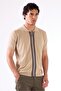 Men's Slim Fit Zippered Polo Collar Beige Knitwear T-Shirt - 4