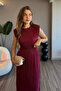 Waist Detailed Pleated Burgundy Midi Dress - 3