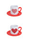 Heart Shapes Printed Red 4-Piece Porcelain Turkish Coffee Cup Set - 3