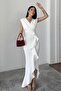 Women's White Scuba Fabric Double-Breasted Collar Ruffled Hem Evening Graduation Wedding Dress - 2