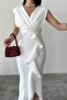 Women's White Scuba Fabric Double-Breasted Collar Ruffled Hem Evening Graduation Wedding Dress - 7