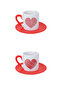 Heart Shapes Printed Red 4-Piece Porcelain Turkish Coffee Cup Set - 2