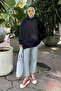 Hooded 3-Thread Kangaroo Pocket Ribbed Elastic Waist Sweatshirt Navy Blue - 4