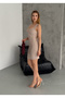 Women's Beige Square Neck Zero Sleeve Front Gathered Ottoman Fabric Dress - 5