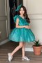 Girl's Evening Dress with Ruffle Detail on the Collar, Stone Embroidered, Glittery Turquoise - 2