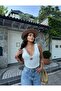 Women's Lace Detailed Seersucker Textured Crop Blouse - 6