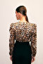 Double-Breasted Leopard Print Bodysuit Blouse - Black-Brown - 8