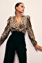 Double-Breasted Leopard Print Bodysuit Blouse - Black-Brown - 6
