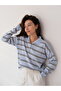 Una Fiaba - Blue Striped Women's Three-Button Shirt Collar Knit Sweater - 3