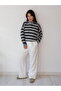 Una Fiaba - Gray Striped Women's Three-Button Shirt Collar Knit Sweater - 4