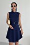 Crew Neck Belt Accessory Navy Blue Dress - 2