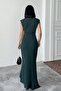 Women's Emerald Scuba Fabric Double-Breasted Neck Ruffled Evening Graduation Wedding Dress - 4
