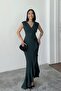 Women's Emerald Scuba Fabric Double-Breasted Neck Ruffled Evening Graduation Wedding Dress - 3