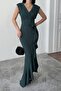 Women's Emerald Scuba Fabric Double-Breasted Neck Ruffled Evening Graduation Wedding Dress - 6