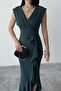 Women's Emerald Scuba Fabric Double-Breasted Neck Ruffled Evening Graduation Wedding Dress - 7
