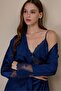 3802 Navy Blue Satin Nightgown Dressing Gown Set - 2
