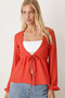 Women's Orange V-Neck Soft Textured Tie-Front Knit Cardigan with Elasticated Sleeves Arm-26K001010 - 2