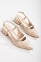 Women's Mary Jane Beige Patent Leather Open Back Pointed Toe Helmet Short Block Heeled Shoes