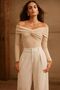 New Product Women's Off-The-Shoulder Front Knotted Sandy Fabric Long Sleeve Blouse 0033