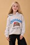 Girl's Hooded Croissant Printed Sweatshirt with Fleece Inside Gray Melange
