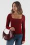 Burgundy Square Collar Long Sleeve Women's Bodysuit Sh202 - 3