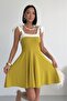 Women's Stripe Detail Strapless Neck Tie-Up Strap Design Fat Green White Flared Mini Evening Dress - 3