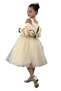 Girl's Square Neck Zero Sleeve Skirt Tulle Fluffy Satin Oversleeve Detailed Beige Evening Dress - 6