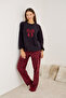 Black Burgundy Leopard Print Bow Embroidered Fleece Winter Knitted Pajamas Set - 2