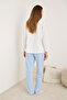 White Blue Striped Bow Embroidered Fleece Winter Knitted Pajamas Suit - 3