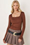 Women's Brown Square Neck Lycra Knit Blouse Arm-26K069002