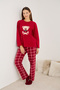 Burgundy Teddy Bear Embroidered Plaid Ribbed Fleece Winter Knitted Pajama Set - 2