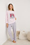 Pink Teddy Bear Embroidered Ribbed Fleece Winter Knitted Pajama Set - 2