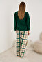 Green Deer Embroidered Plaid Fleece Winter Knitted Pajama Set - 3