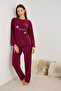 Burgundy Snowflake Embroidered Winter Waffle Knitted Fabric Pajama Set - 2
