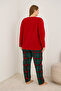 Red Christmas-Themed Embroidered Plaid Plus Size Fleece Winter Knitted Pajama Set - 3