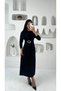 Crew Neck Bat Sleeve Gold Buckle Detailed Cendy Fabric Dress - 2