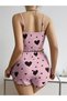 Cotton Pink Top with Black Heart Pattern and Straps Ribbed Shorts Pajama Set - Ssssss6962-181 - 3