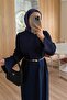 Mercerized Dress with Sleeve Detail and Belt - Navy Blue - 3