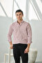 Slim Fit Burgundy Striped Buttoned Collar 100% Cotton Flared Linen Look Shirt