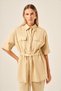 Women's Comfortable Fit Short Sleeve Linen Suit Beige 31196 - 3