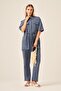 Women's Comfortable Fit Short Sleeve Linen Suit Blue 31196 - 5