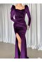 Square Neck Slit Velvet Evening Dress 582318 Mürdüm - 2