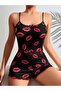 Women's Black Lip Patterned Shorts Pajama Set 5057