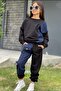 Girl's Jeans Detailed Applique Black Tracksuit Set with Pockets - 8