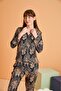 Women's Patterned Satin Pajama Set with Piping, Buttoned Long Sleeves, Pocket Detail - 6