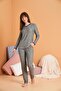 Women's V-Neck Edges Black Lace Detailed Long Sleeve Pajama Set Soft Viscose Fabric - 3