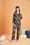 Women's Patterned Satin Pajama Set with Piping, Buttoned Long Sleeves, Pocket Detail - 3